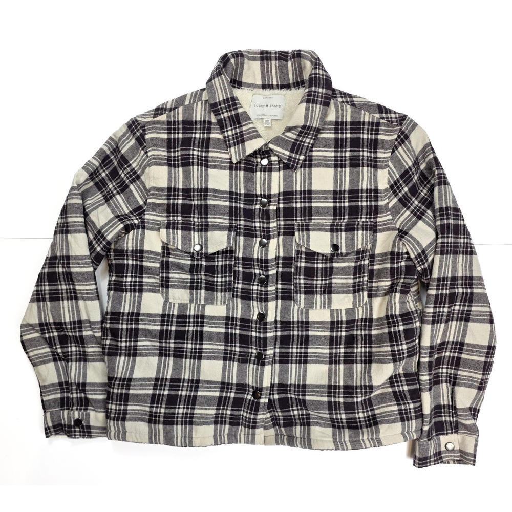 Lucky Brand White Purple Plaid L/S Button Up Sherpa Lined Shacket Women's Size M